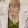 HangZhi 2021 Yellow Smiley Heart Silver Color Hollow Pendant Double Layer Silver Color Link Chain Pearl Necklace Jewelry