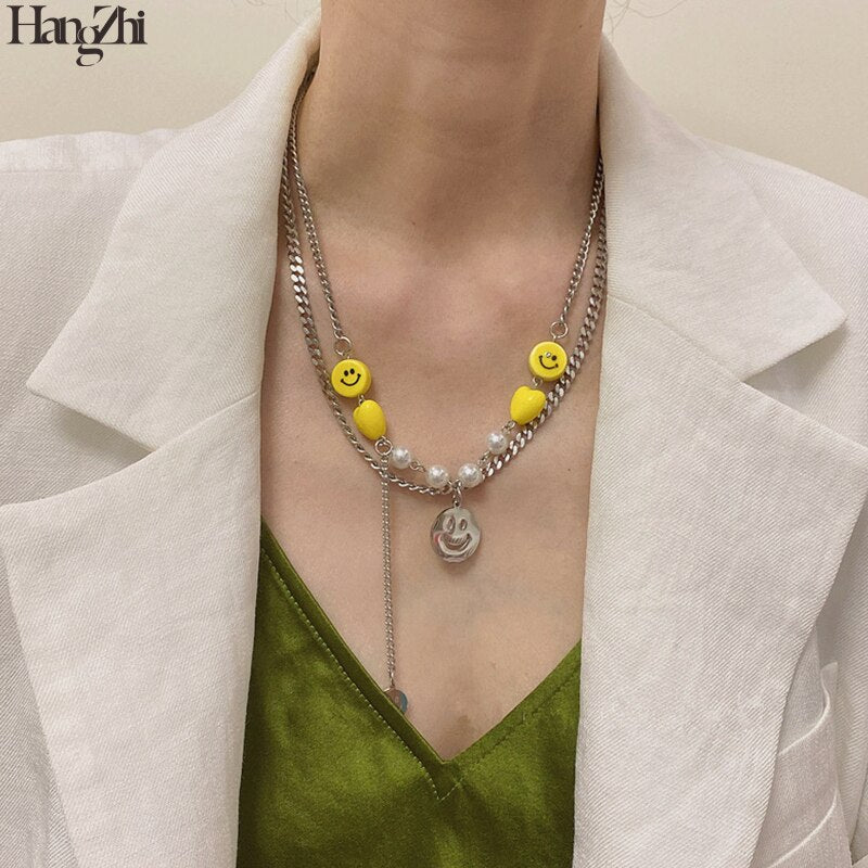 HangZhi 2021 Yellow Smiley Heart Silver Color Hollow Pendant Double Layer Silver Color Link Chain Pearl Necklace Jewelry