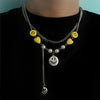 HangZhi 2021 Yellow Smiley Heart Silver Color Hollow Pendant Double Layer Silver Color Link Chain Pearl Necklace Jewelry