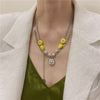 HangZhi 2021 Yellow Smiley Heart Silver Color Hollow Pendant Double Layer Silver Color Link Chain Pearl Necklace Jewelry