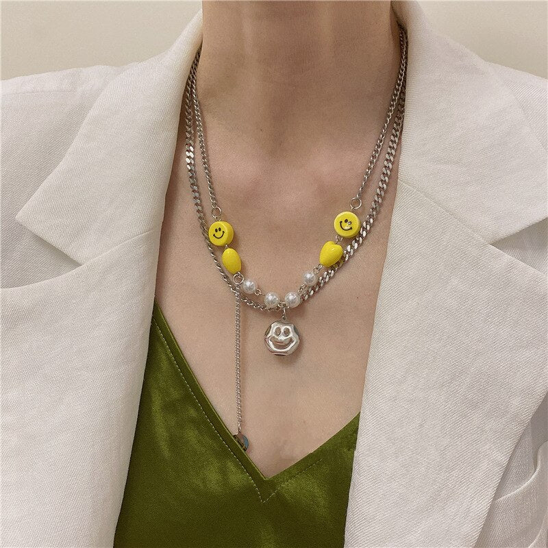 HangZhi 2021 Yellow Smiley Heart Silver Color Hollow Pendant Double Layer Silver Color Link Chain Pearl Necklace Jewelry