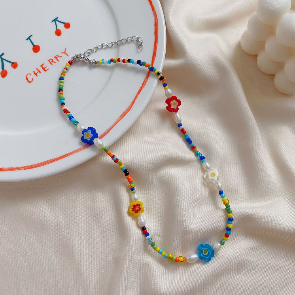 HangZhi Colorful Glaze Daisy Flower Freshwater Pearl Resin Beads Y2K Clavicle Necklace 2021 for Women Girl Jewelry