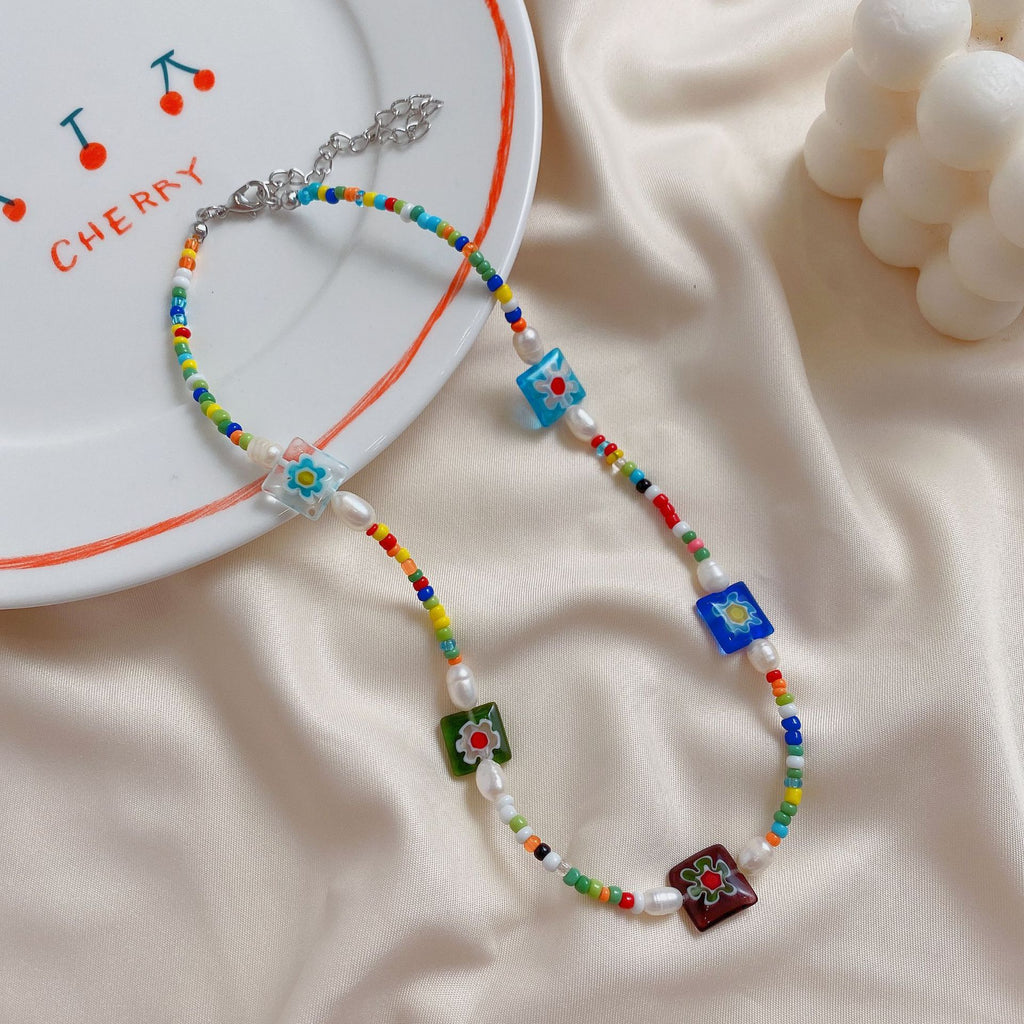 HangZhi Colorful Glaze Daisy Flower Freshwater Pearl Resin Beads Y2K Clavicle Necklace 2021 for Women Girl Jewelry