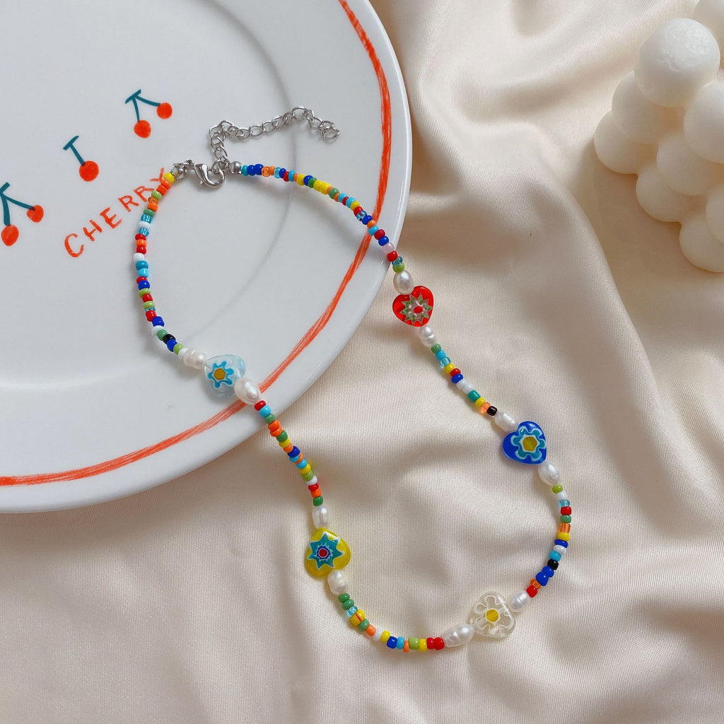 HangZhi Colorful Glaze Daisy Flower Freshwater Pearl Resin Beads Y2K Clavicle Necklace 2021 for Women Girl Jewelry