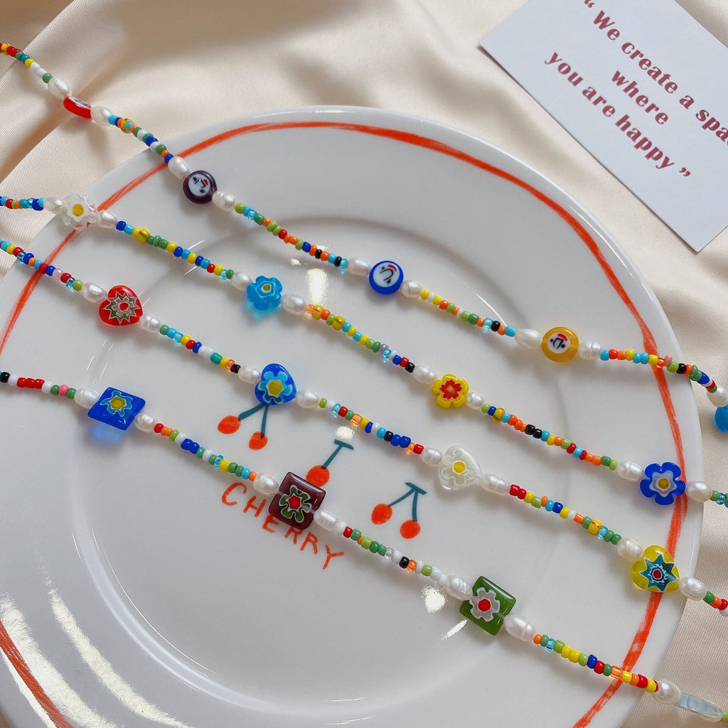 HangZhi Colorful Glaze Daisy Flower Freshwater Pearl Resin Beads Y2K Clavicle Necklace 2021 for Women Girl Jewelry