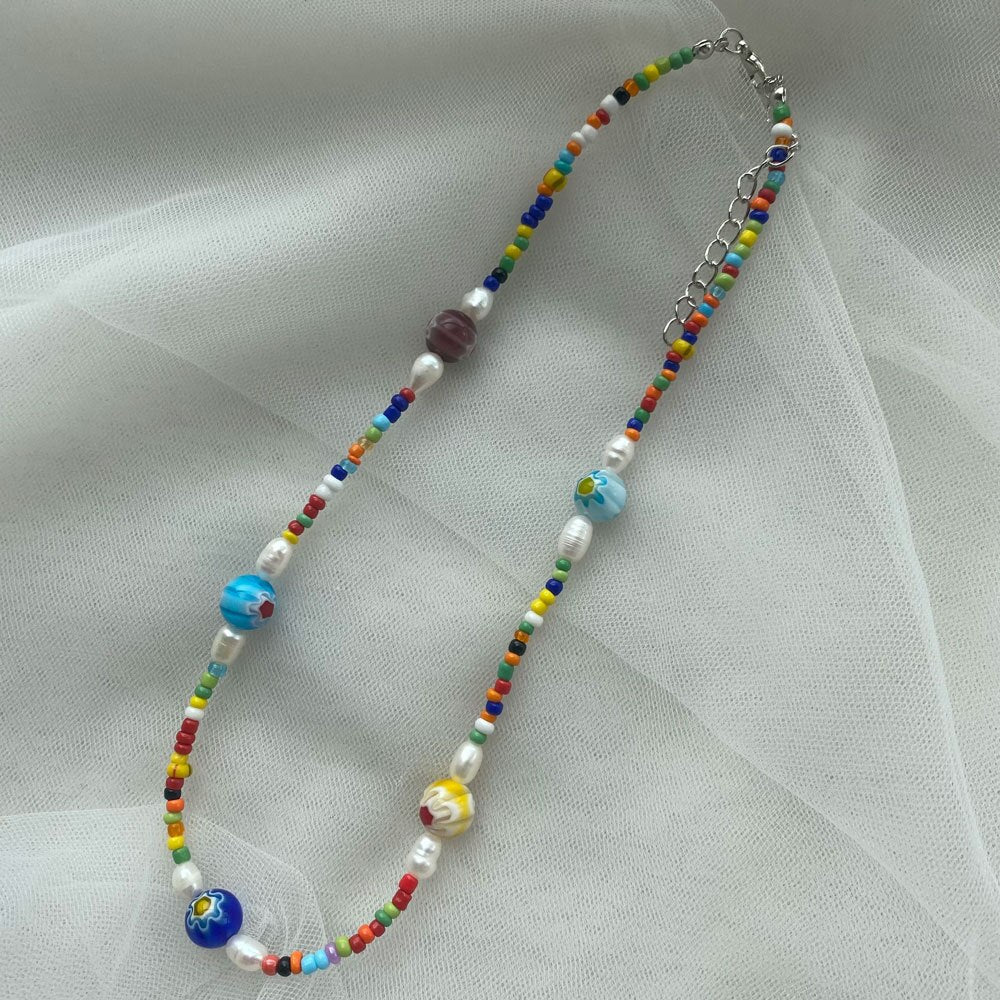 HangZhi Colorful Glaze Daisy Flower Freshwater Pearl Resin Beads Y2K Clavicle Necklace 2021 for Women Girl Jewelry