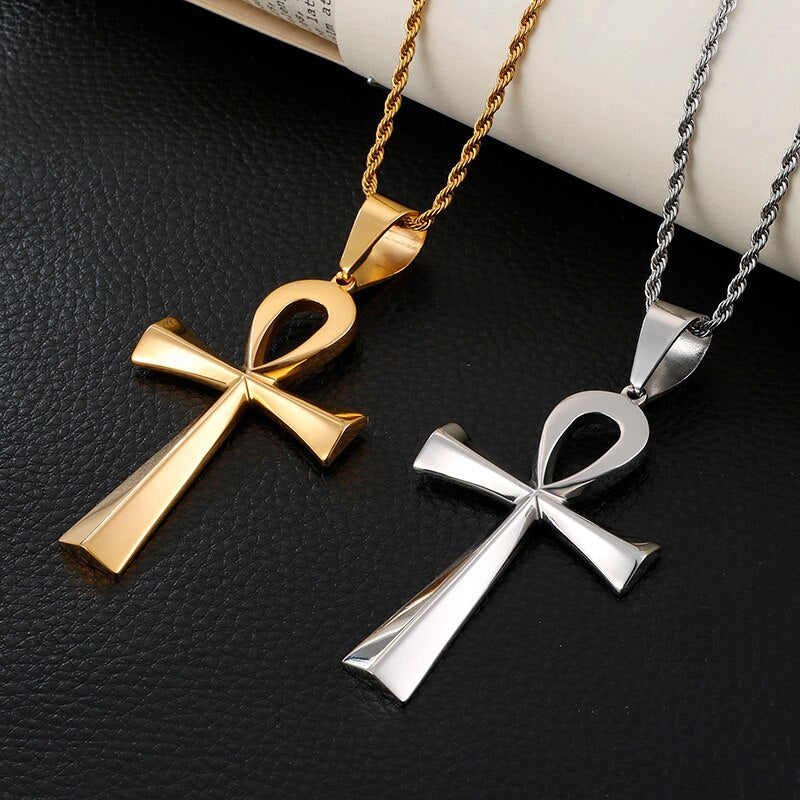HaoYi Egypt Cruz Necklace For Men Symbol of life Charms Vintage Geometric Pendant Stainless Steel Jewelry