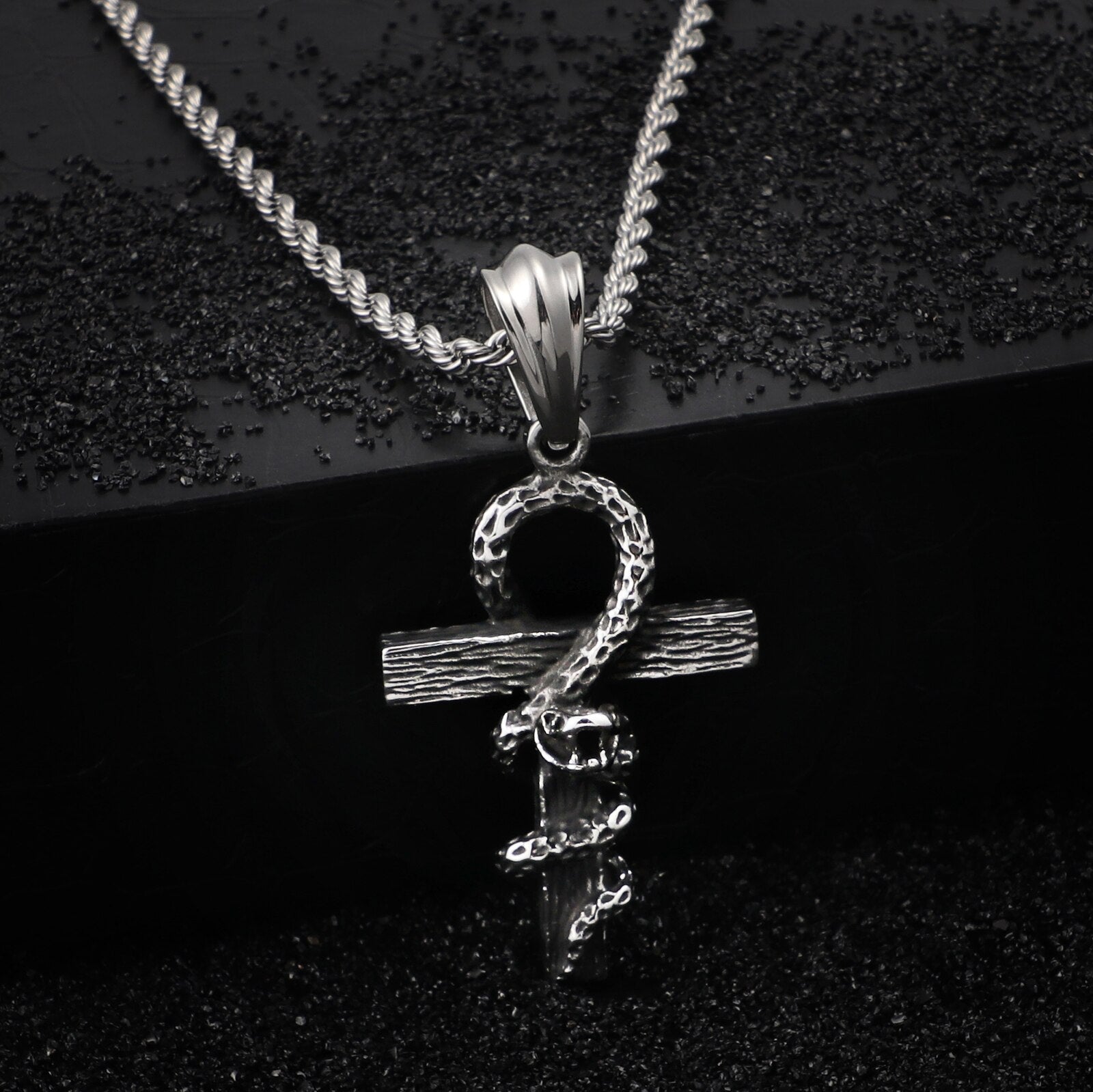 HaoYi Vintage Snake Shape Egypt Cruz Pendant Necklace Gothic 316L Stainless Steel Punk Men's Jewelry