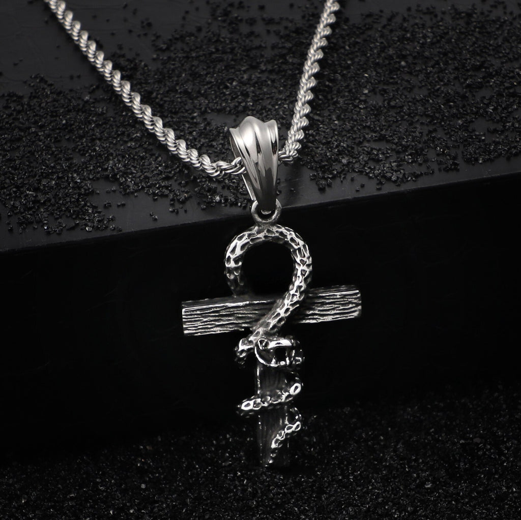 HaoYi Vintage Snake Shape Egypt Cruz Pendant Necklace Gothic 316L Stainless Steel Punk Men's Jewelry