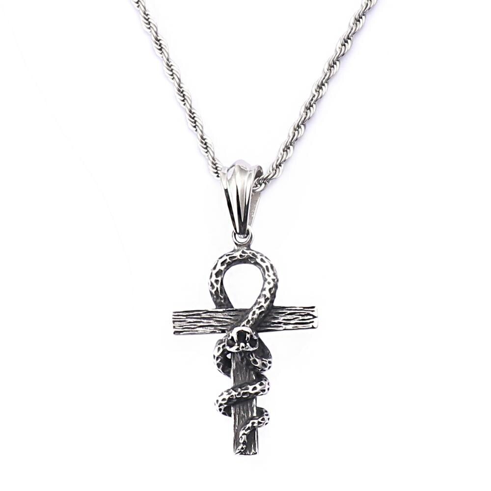 HaoYi Vintage Snake Shape Egypt Cruz Pendant Necklace Gothic 316L Stainless Steel Punk Men's Jewelry