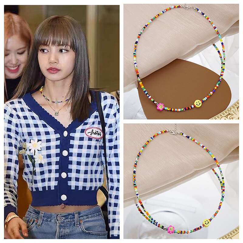 Happy smile face bead choker necklace for women colorful beads bohemia summer necklace outer banks  items