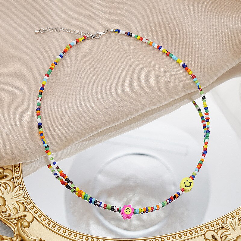 Happy smile face bead choker necklace for women colorful beads bohemia summer necklace outer banks  items