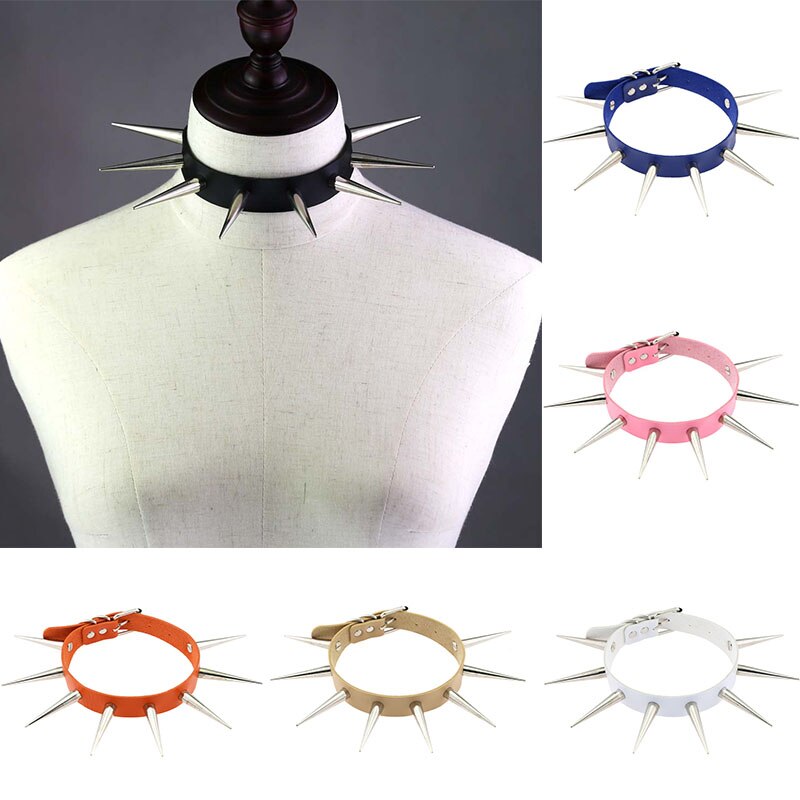 Harajaku Gothic Cool Metal Long Spiked Rivet PU Leather Chokers Necklaces for Girls Women Jewelry Punk  Collar Belt Necklace