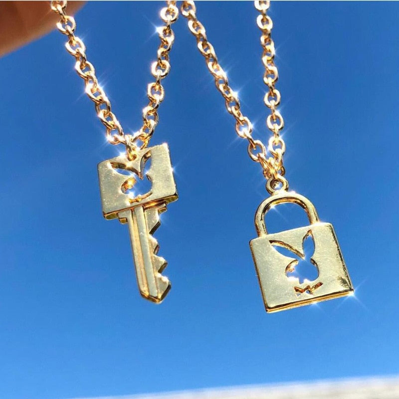 Harajuku Bunny Head Key Lock Pendant Necklace for Women Cute Animal Neck Chain Paired Necklace Couple Gifts 2021 Trendy Jewelry