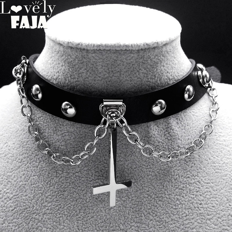 Choker Goth Satan Inverted Peter's Cross Necklace Stainless Steel PU Leather Cosplay Anime Necklaces Jewelry Gift