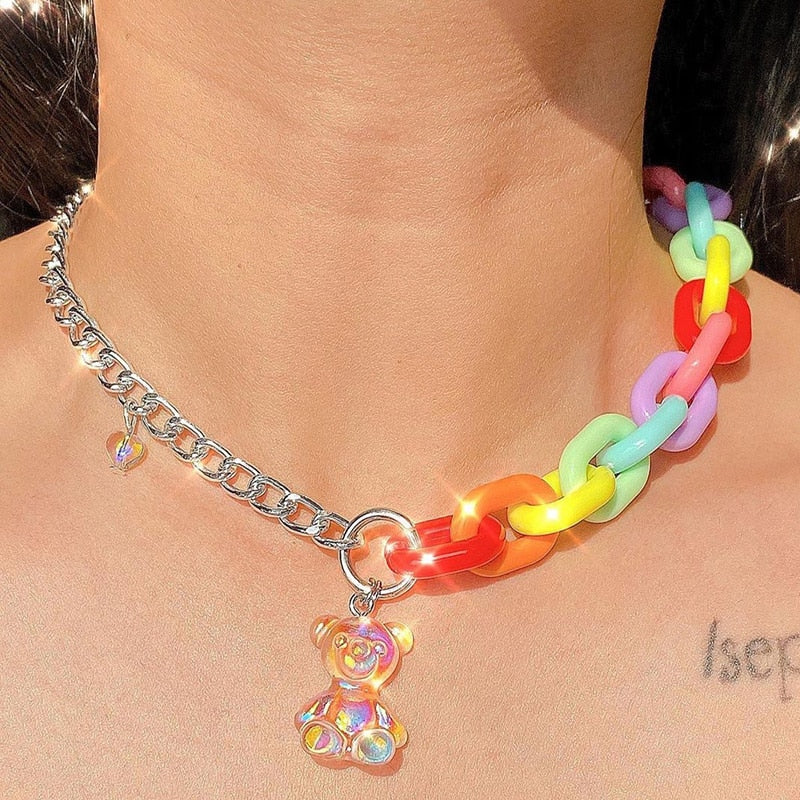 Harajuku Colorful Irregular Transparent Bear Metal Choker Necklace for Women Girl Cute Romantic Party Gifts Jewelry New