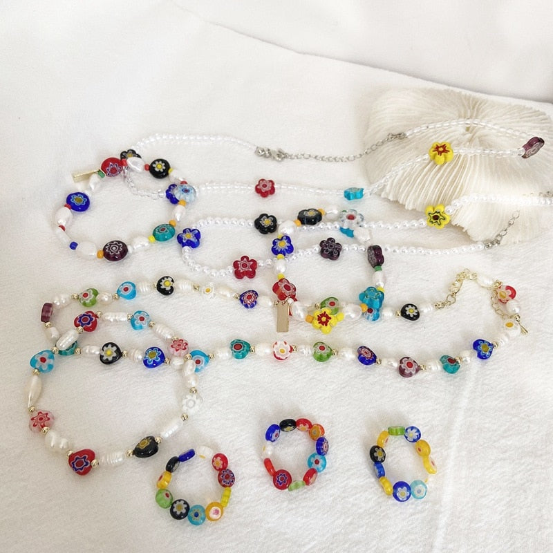 Harajuku Colorful Rainbow Beads Choker Necklace Y2K Trendy Korean Flower Irregular Pendant Necklace Beads For Jewelry