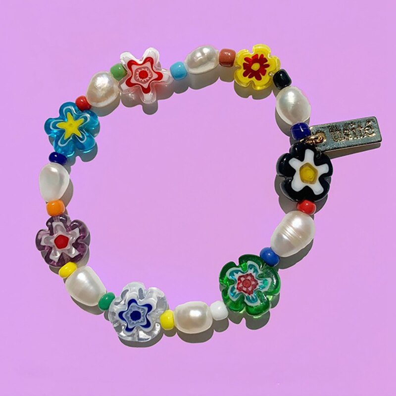 Harajuku Colorful Rainbow Beads Choker Necklace Y2K Trendy Korean Flower Irregular Pendant Necklace Beads For Jewelry