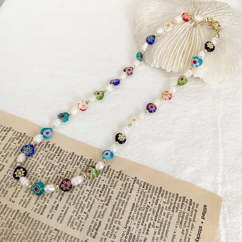 Harajuku Colorful Rainbow Beads Choker Necklace Y2K Trendy Korean Flower Irregular Pendant Necklace Beads For Jewelry