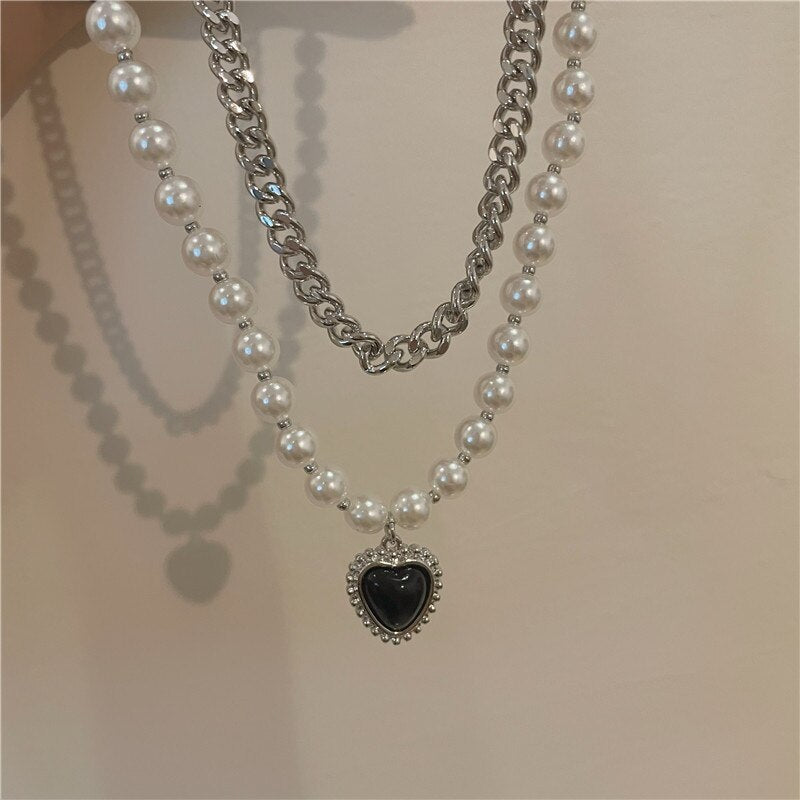 Harajuku Double Layer Black Heart Pendant Pearl Chain Choker Necklace For Women Egirl Kpop Punk Hip Hop Goth Jewelry Accessories