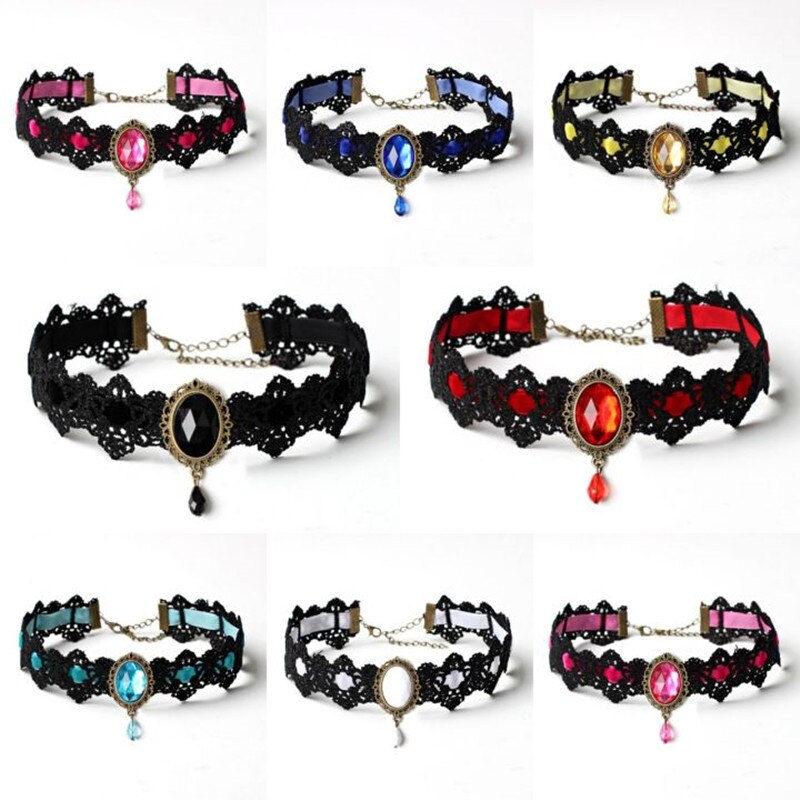 Harajuku Goth Lace Choker Necklaces For Women Aesthetic Crystal Flannel Necklace Gothic Punk Collar Slytherin Bohemian Jewelry