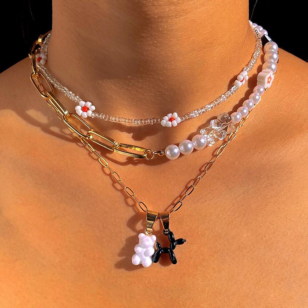 Harajuku Gummy Bear Balloon Dog Asymmetry Pearl Necklace For Women Handmade Flower Bead Choker Y2K Korean Multilayered Jewelry