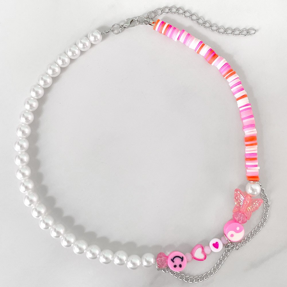 Harajuku Pink Butterfly Clay Beaded Necklace For Women Color Surfer Bead Asymmetry Pearl Chain Necklace Happy Face Y2K Jewelry