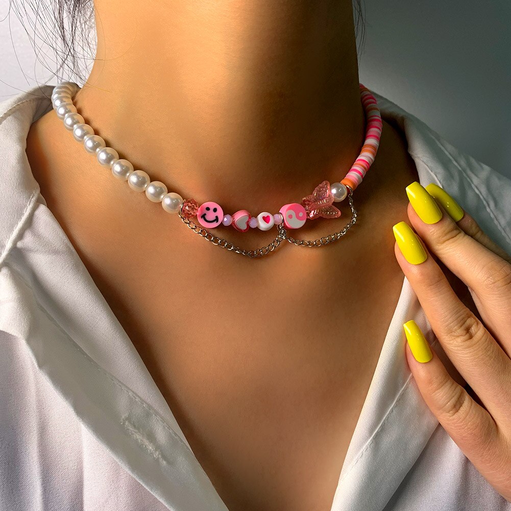 Harajuku Pink Butterfly Clay Beaded Necklace For Women Color Surfer Bead Asymmetry Pearl Chain Necklace Happy Face Y2K Jewelry