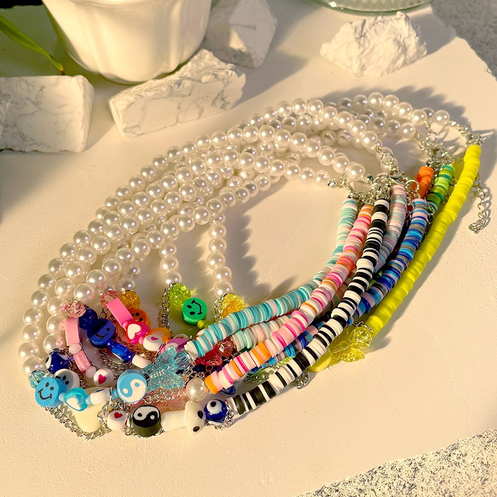 Harajuku Pink Butterfly Clay Beaded Necklace For Women Color Surfer Bead Asymmetry Pearl Chain Necklace Happy Face Y2K Jewelry