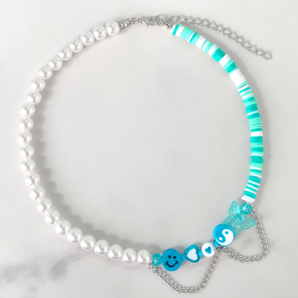 Harajuku Pink Butterfly Clay Beaded Necklace For Women Color Surfer Bead Asymmetry Pearl Chain Necklace Happy Face Y2K Jewelry