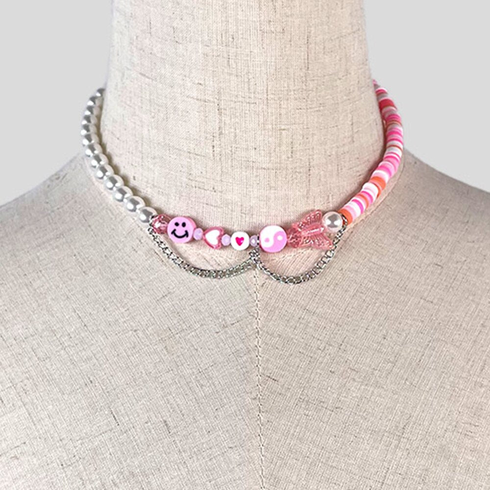 Harajuku Pink Butterfly Clay Beaded Necklace For Women Color Surfer Bead Asymmetry Pearl Chain Necklace Happy Face Y2K Jewelry