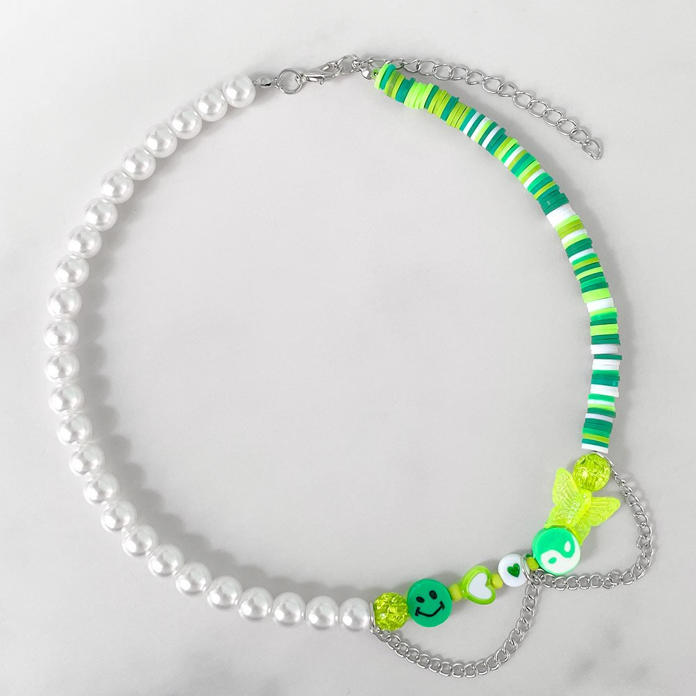 Harajuku Pink Butterfly Clay Beaded Necklace For Women Color Surfer Bead Asymmetry Pearl Chain Necklace Happy Face Y2K Jewelry