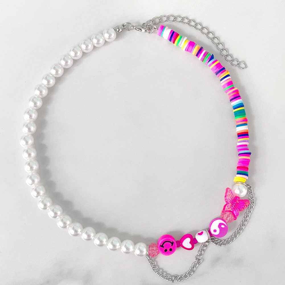 Harajuku Pink Butterfly Clay Beaded Necklace For Women Color Surfer Bead Asymmetry Pearl Chain Necklace Happy Face Y2K Jewelry