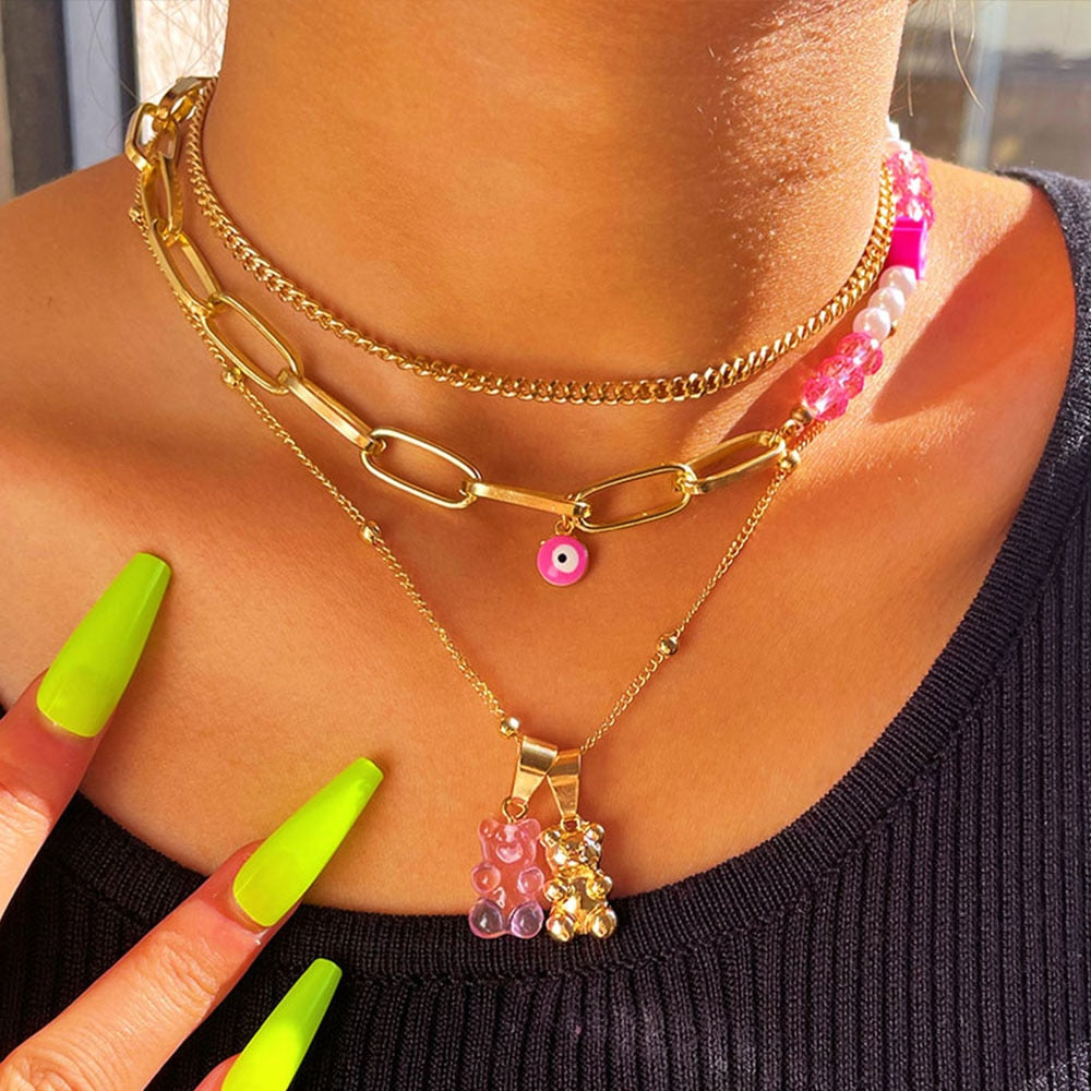 Harajuku Pink Gummy Bear Flower Asymmetric Pearl Necklace For Women Multilayer Handmade Bead Choker Girls Y2K Korean Jewelry New