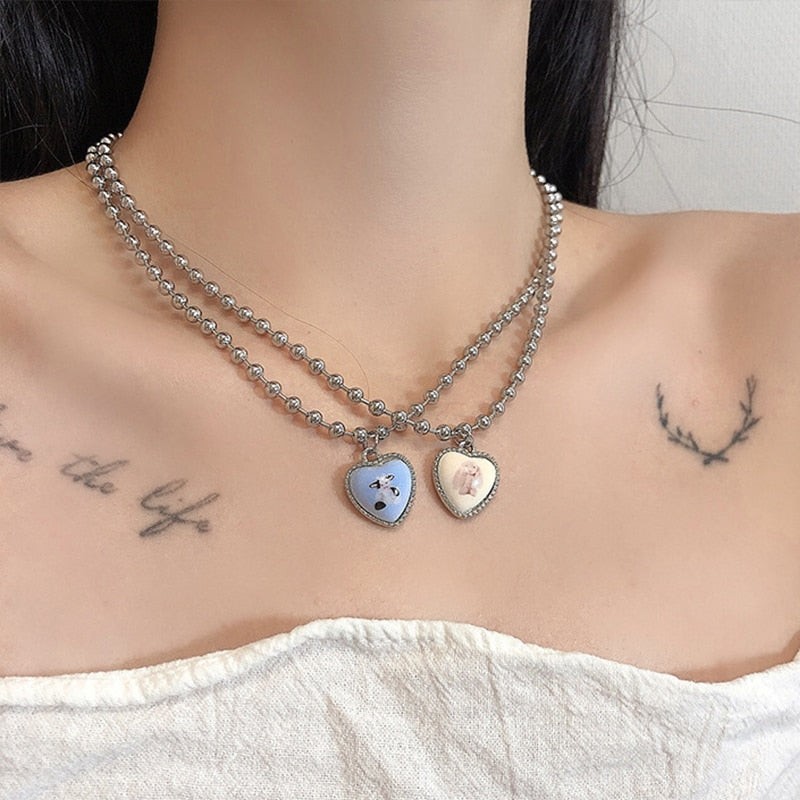 Harajuku Pink Purple Heart Butterfly Neck Beads Chain Choker Necklace for Women Egirl Aesthetic Goth Y2K Jewelry Accessories