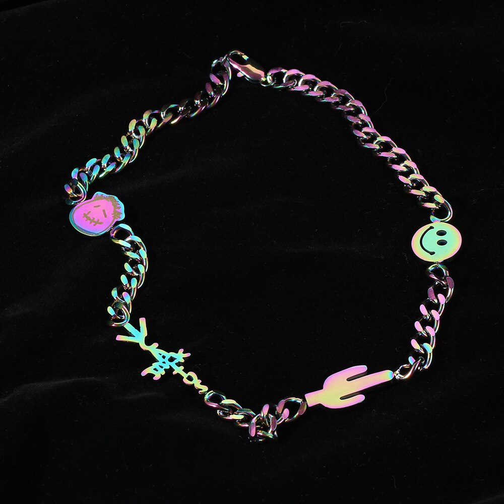Harajuku Quenched Travis Scott Cactus Happy Smiling Face Charms Necklace Women Men Goth Unisex Street Stainless Steel Jewelry