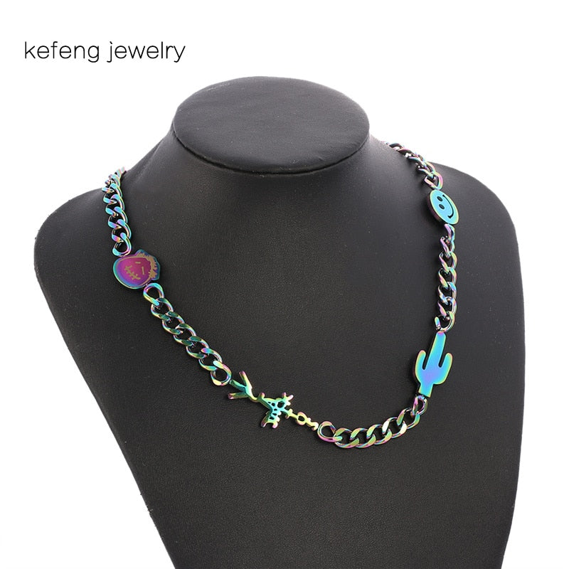 Harajuku Quenched Travis Scott Cactus Jack Happy Smiling Face Necklace For Women Men Goth Unisex Street Stainless Steel Jewelry