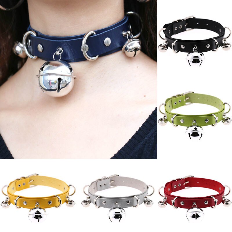 Harajuku Sexy Bell Choker Necklaces for Women Girls Cosplay Jewelry Perform Accessories Collar PU Leather Clavicle Neckband