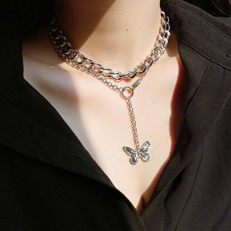 Harajuku Vintage Hollow Out Butterfly Chain Metal Pendant Necklace For Women goth Cool Choker egirl goblincore indie Jewelry