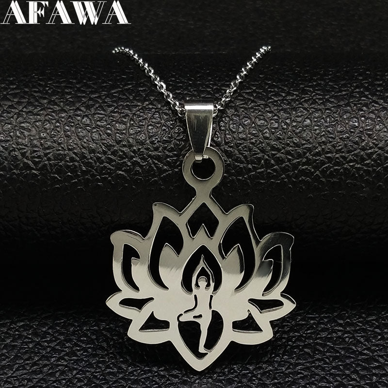 Harajuku Yoga Lotus Stainless Steel Necklaces & Pendants Women Silver Color Necklace Jewellery flor de loto collar mujer N18233