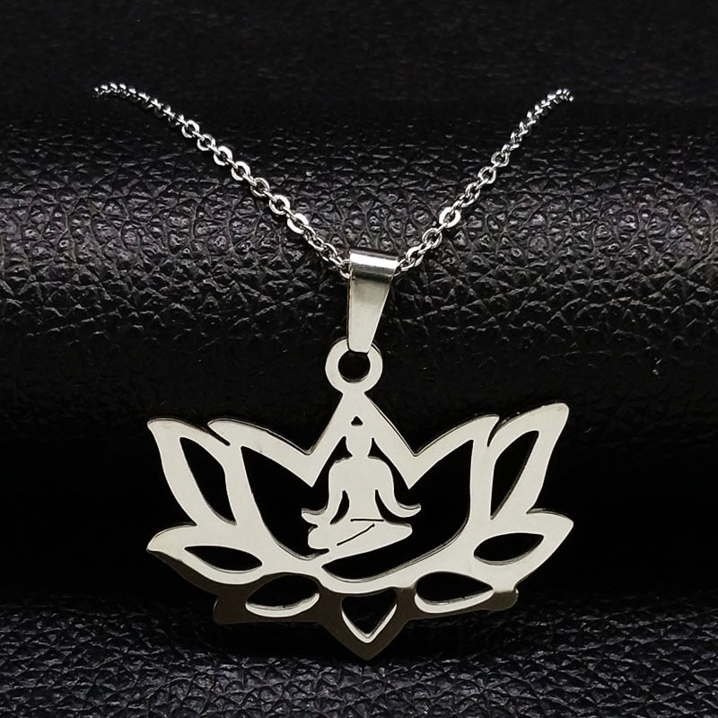 Harajuku Yoga Lotus Stainless Steel Necklaces & Pendants Women Silver Color Necklace Jewellery flor de loto collar mujer N18233