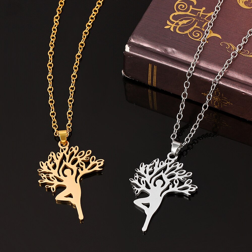 Harajuku Yoga Tree Of Life Stainless Steel Necklaces & Pendants Women Silver Color Nature Spiritual Necklace Jewellery