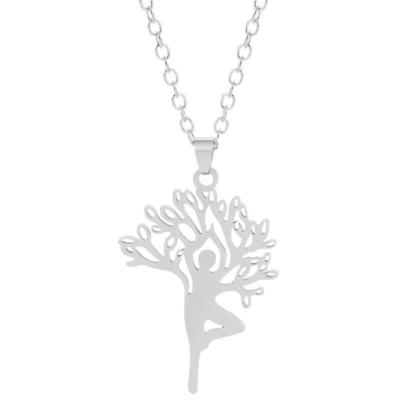 Harajuku Yoga Tree Of Life Stainless Steel Necklaces & Pendants Women Silver Color Nature Spiritual Necklace Jewellery