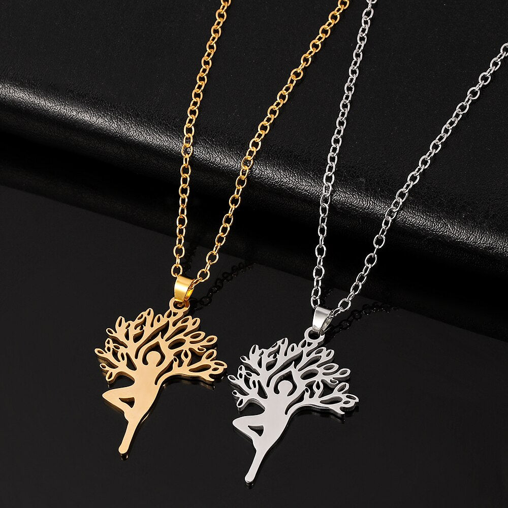 Harajuku Yoga Tree Of Life Stainless Steel Necklaces & Pendants Women Silver Color Nature Spiritual Necklace Jewellery
