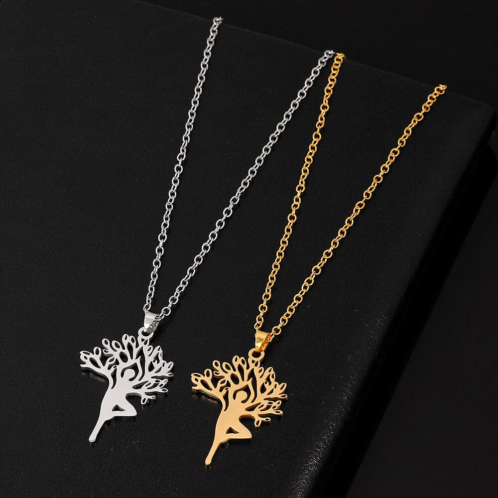 Harajuku Yoga Tree Of Life Stainless Steel Necklaces & Pendants Women Silver Color Nature Spiritual Necklace Jewellery