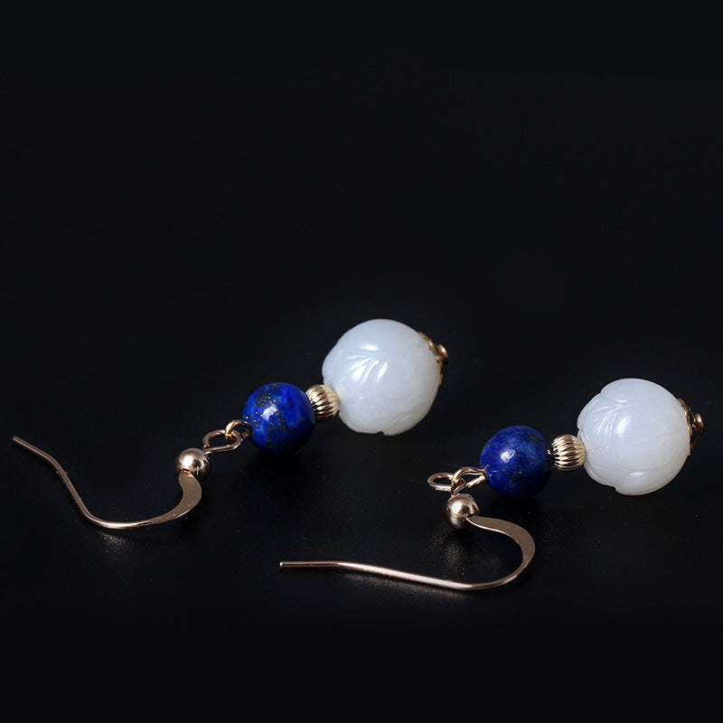 He Tian white jade 9.5mm Amazonite/lapis 14K gold drop earrings elegant vintage design women earrigns charms 2020 jewelry gift