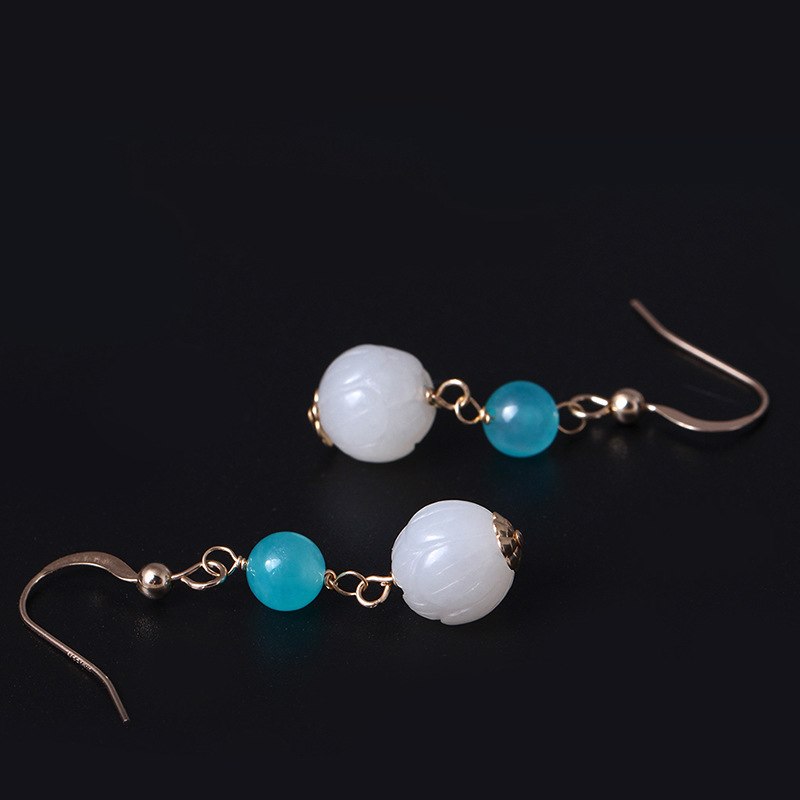 He Tian white jade 9.5mm Amazonite/lapis 14K gold drop earrings elegant vintage design women earrigns charms 2020 jewelry gift