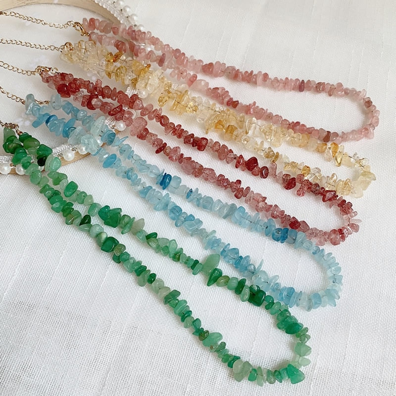 Healing Jewelry Natural Crystal Necklace Irregular Gravel Chips Stone Green Aventurine Citrines Blue Quartz Pink Crystal Choker