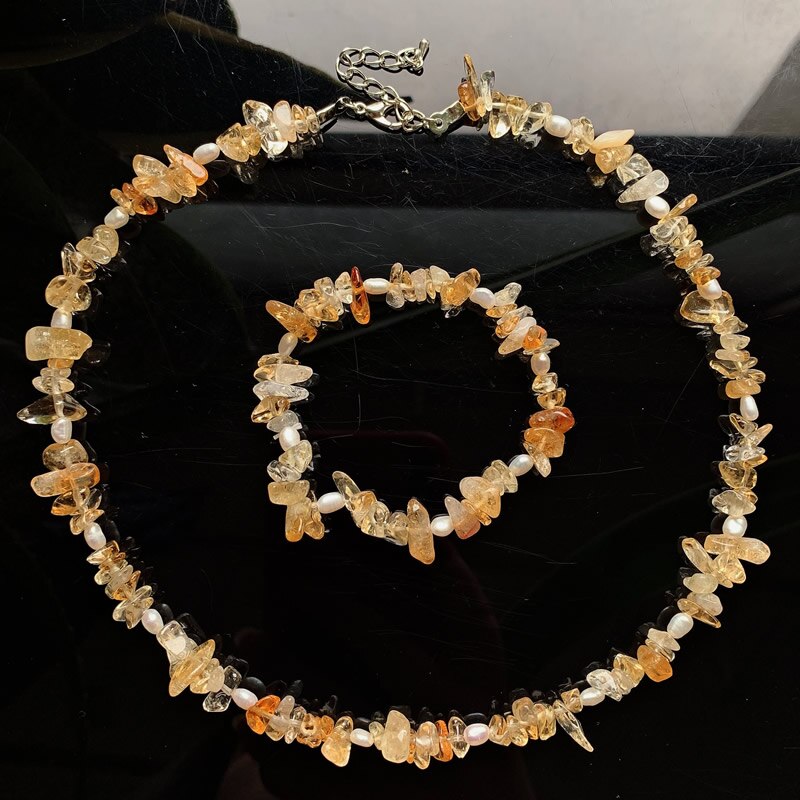 Healing Jewelry Raw Mineral Quartz Choker Necklace Small Chips Yellow Crystal Strand Pearl Charm Natural Citrines Necklace Reiki
