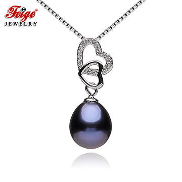 Heart Black Pearl Pendant Necklaces for Women Pearls Party Gifts Real 925 Sterling Silver Chain Fine Jewelry FEIGE